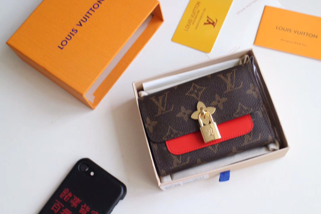 L0vis Vvtt0n Flower Compact Monogram Unisex Wallets with Red 
