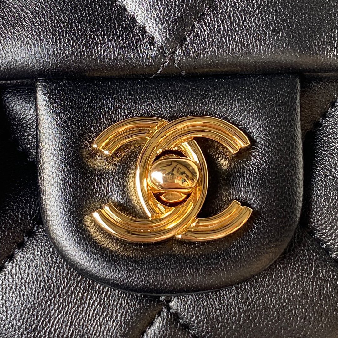Bagsaaa Ch**el Flap Bag Lambskin Leather Gold Handle In Black - 13X21X8cm