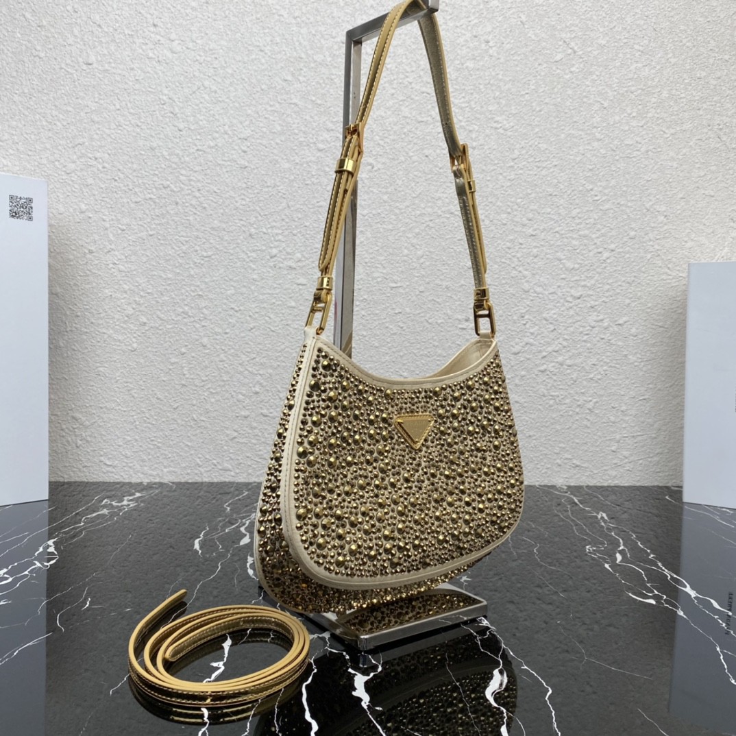 Bagsaaa Pra*a Cleo satin bag with crystals gold - 22*18.5*4.5cm