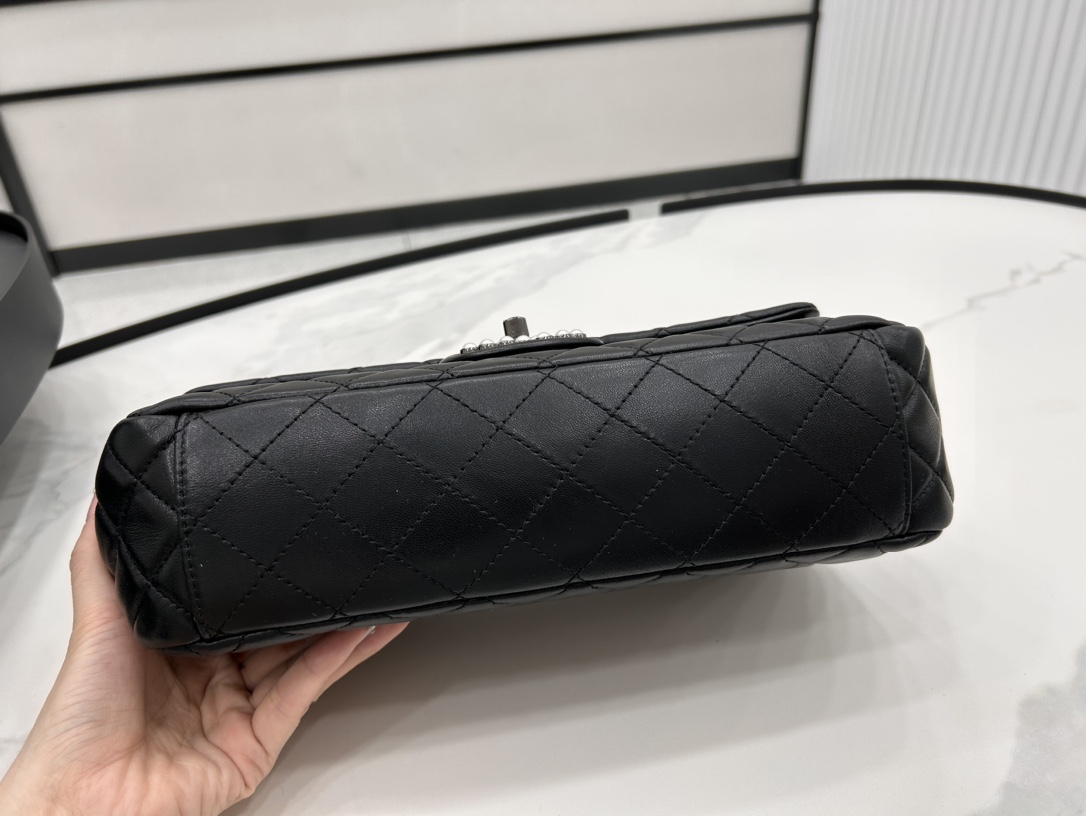 Bagsaaa Ch**el Double Flap Bag with Cut Out Handle and Multi Chain Black Leather - 28*20*7cm