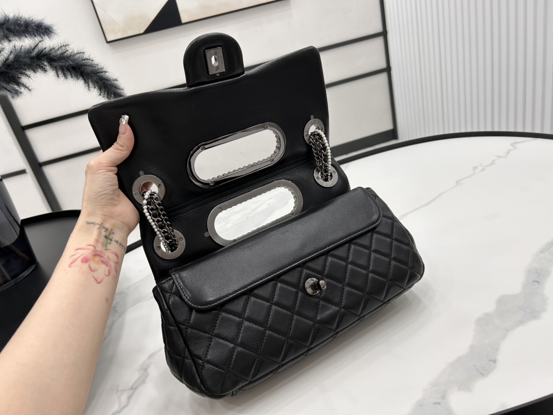 Bagsaaa Ch**el Double Flap Bag with Cut Out Handle and Multi Chain Black Leather - 28*20*7cm