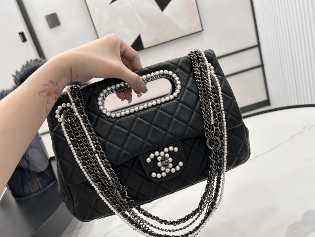 Bagsaaa Ch**el Double Flap Bag with Cut Out Handle and Multi Chain Black Leather - 28*20*7cm