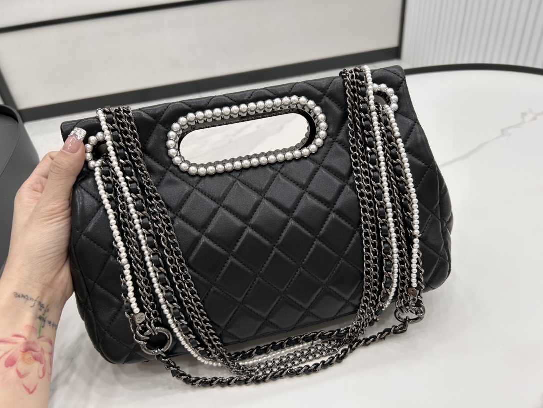Bagsaaa Ch**el Double Flap Bag with Cut Out Handle and Multi Chain Black Leather - 28*20*7cm