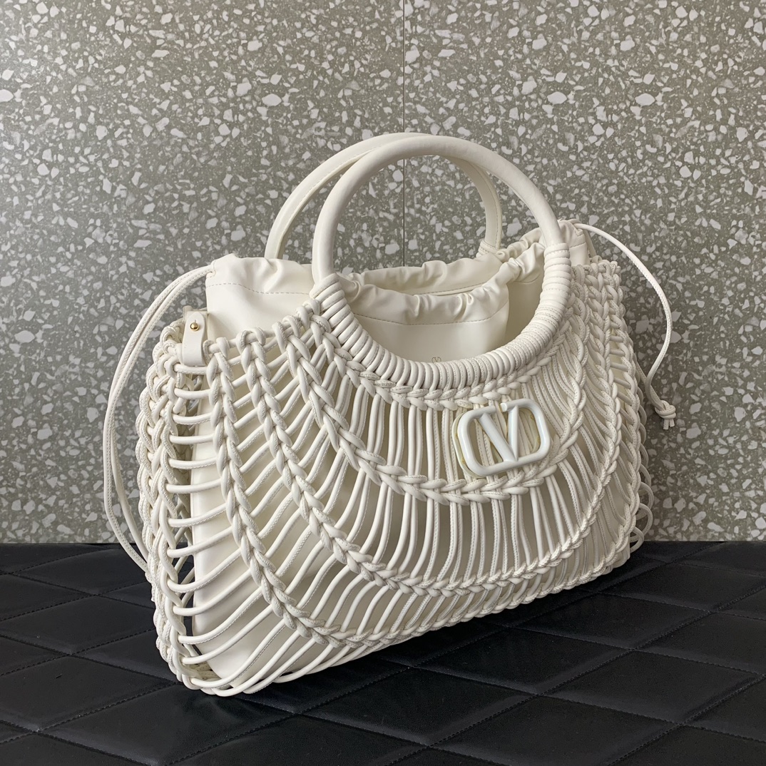 Bagsaaa Va1e*ntin0 Allknots Woven Leather Shopper White - 38x34x7 cm