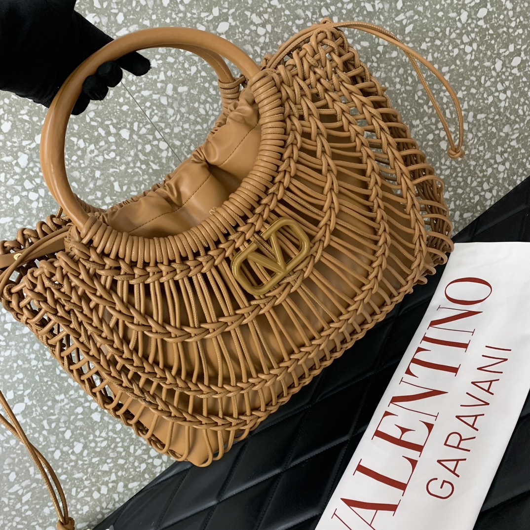 Bagsaaa Va1e*ntin0 Allknots Woven Leather Shopper Dark Beige - 38x34x7 cm
