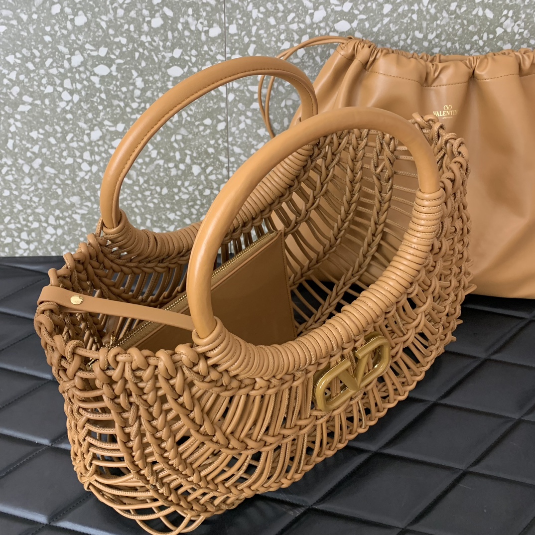 Bagsaaa Va1e*ntin0 Allknots Woven Leather Shopper Dark Beige - 38x34x7 cm